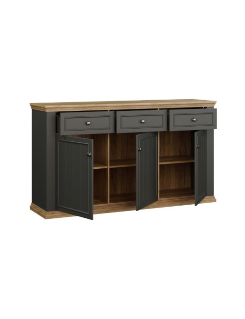Madia Essenza 3 Ante e 3 Cassetti Grigio Scuro e Rovere 169 cm – Stile Classico Moderno