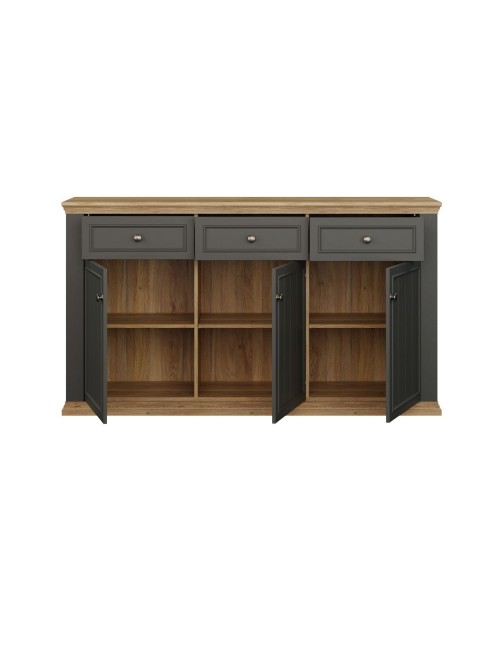 Madia Essenza 3 Ante e 3 Cassetti Grigio Scuro e Rovere 169 cm – Stile Classico Moderno