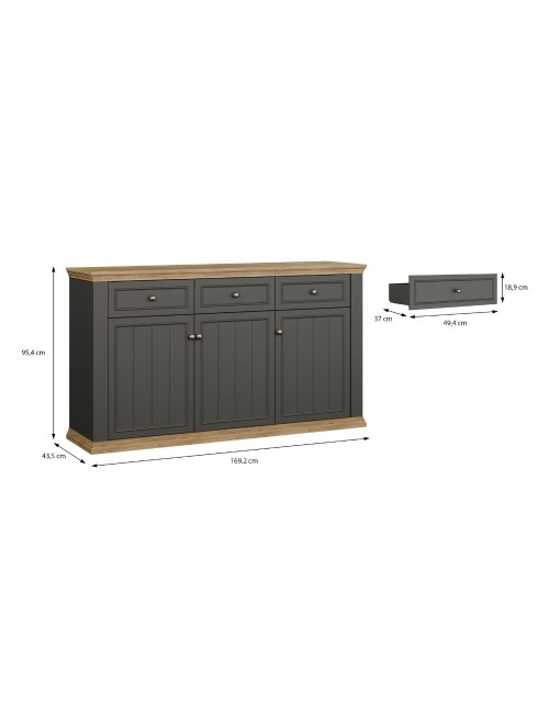 Madia Essenza 3 Ante e 3 Cassetti Grigio Scuro e Rovere 169 cm – Stile Classico Moderno