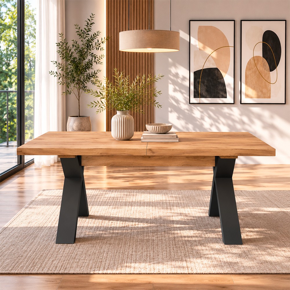Tavolo Allungabile Milonga410 160 cm con Piano Rovere nodato e Gambe Incrociate Antracite