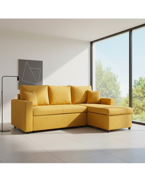 Divano con penisola reversibile funzione letto Golf tessuto senape 225x148x91H
