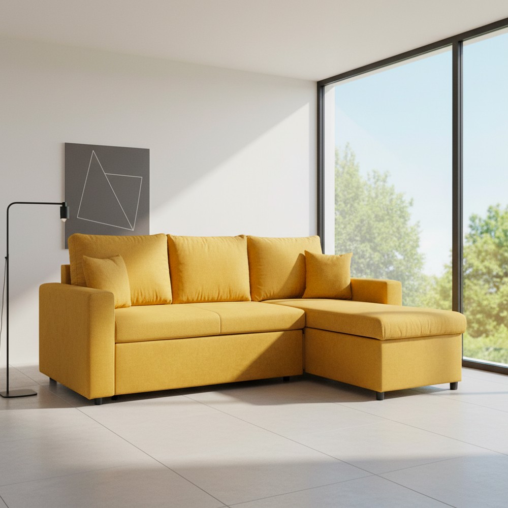 Divano con penisola reversibile funzione letto Golf tessuto senape 225x148x81H