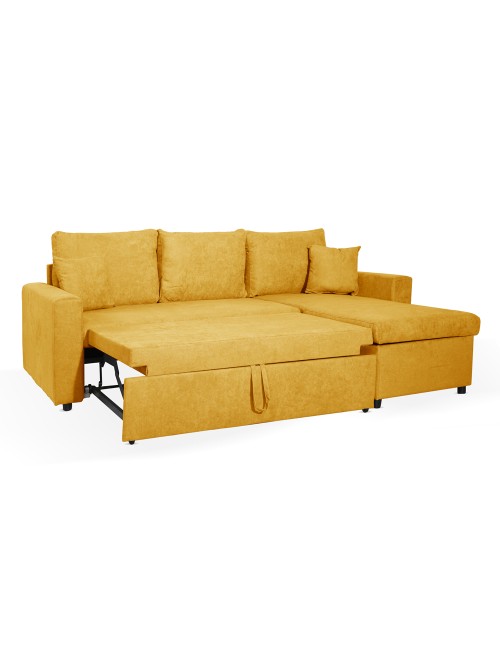 Divano con penisola reversibile funzione letto Golf tessuto senape 225x148x81H