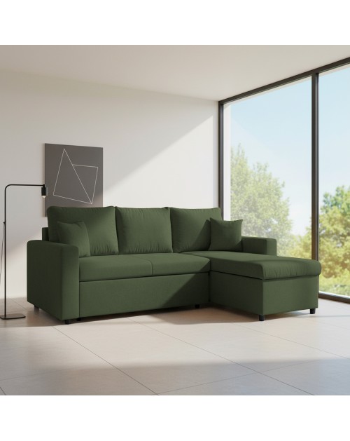 Divano con penisola reversibile funzione letto Golf tessuto verde muschio 225x148x91H