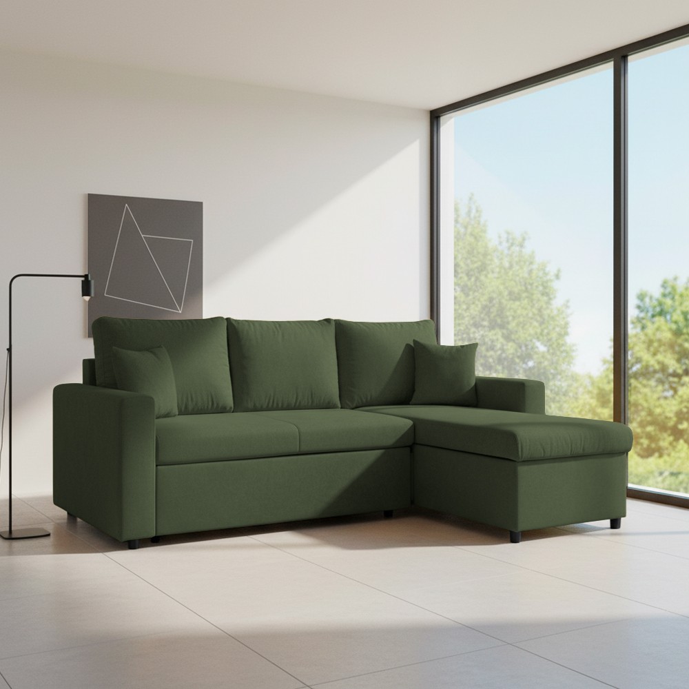 Divano con penisola reversibile funzione letto Golf tessuto verde muschio 225x148x81H