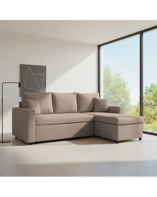 Divano con penisola reversibile funzione letto Golf tessuto tortora 225x148x91H