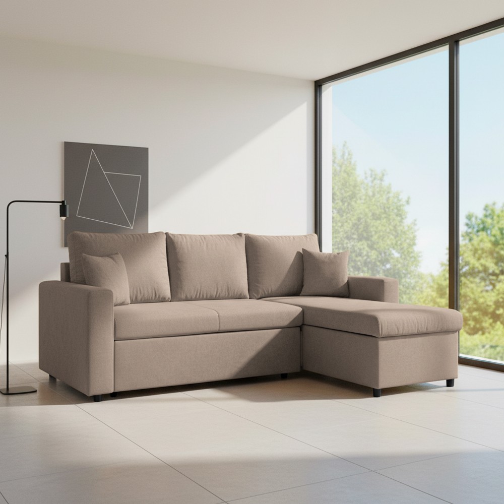 Divano con penisola reversibile funzione letto Golf tessuto tortora 225x148x91H