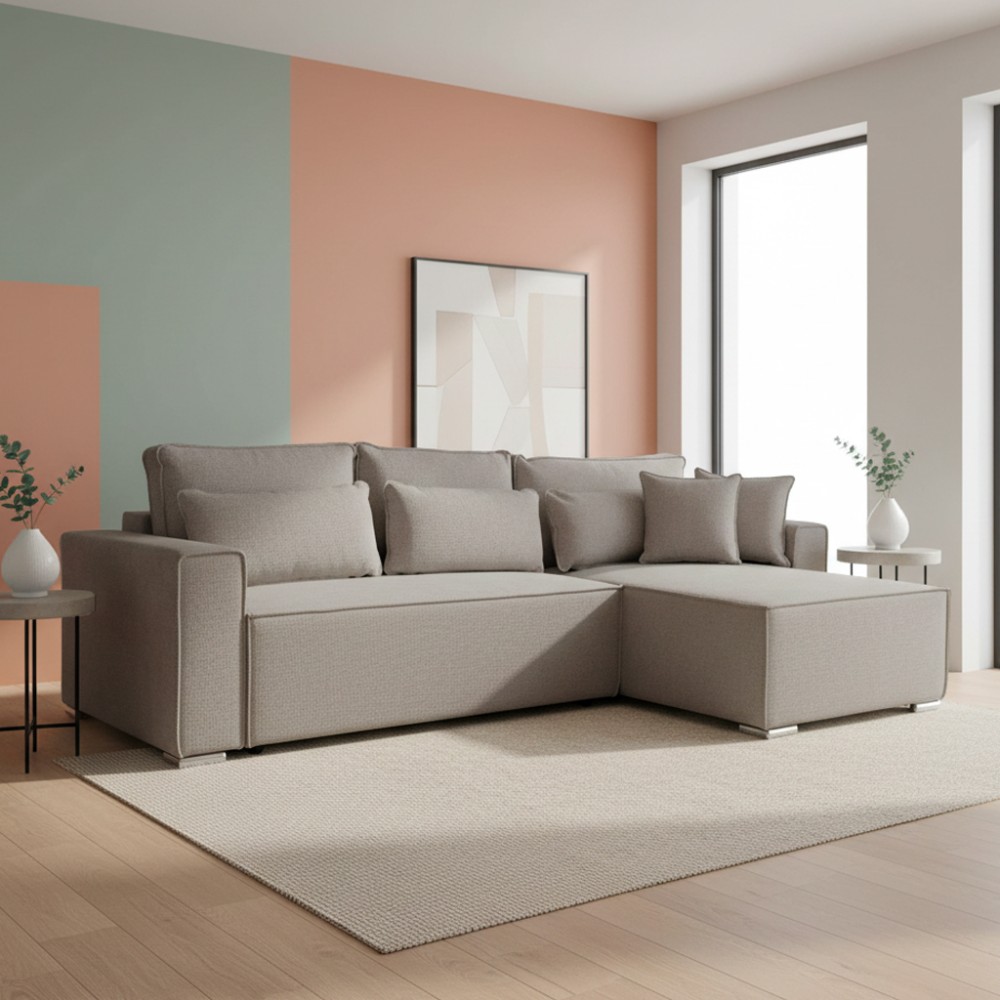 Divano Angolare Emily tortora con Letto Easy Open, Contenitore e Penisola Reversibile – Comfort e Design per il Living