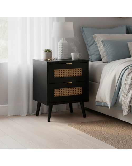 Comodino 2 cassetti con frontali effetto vimini Vienna61A colore nero