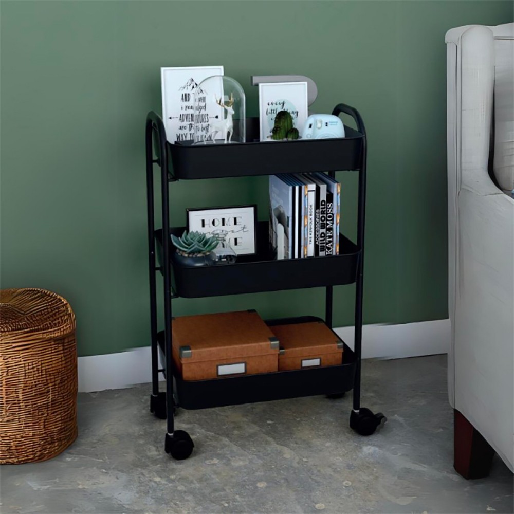 Carrello da cucina 3 ripiani in metallo con ruote Tier 45.5x32x76.4H colore nero
