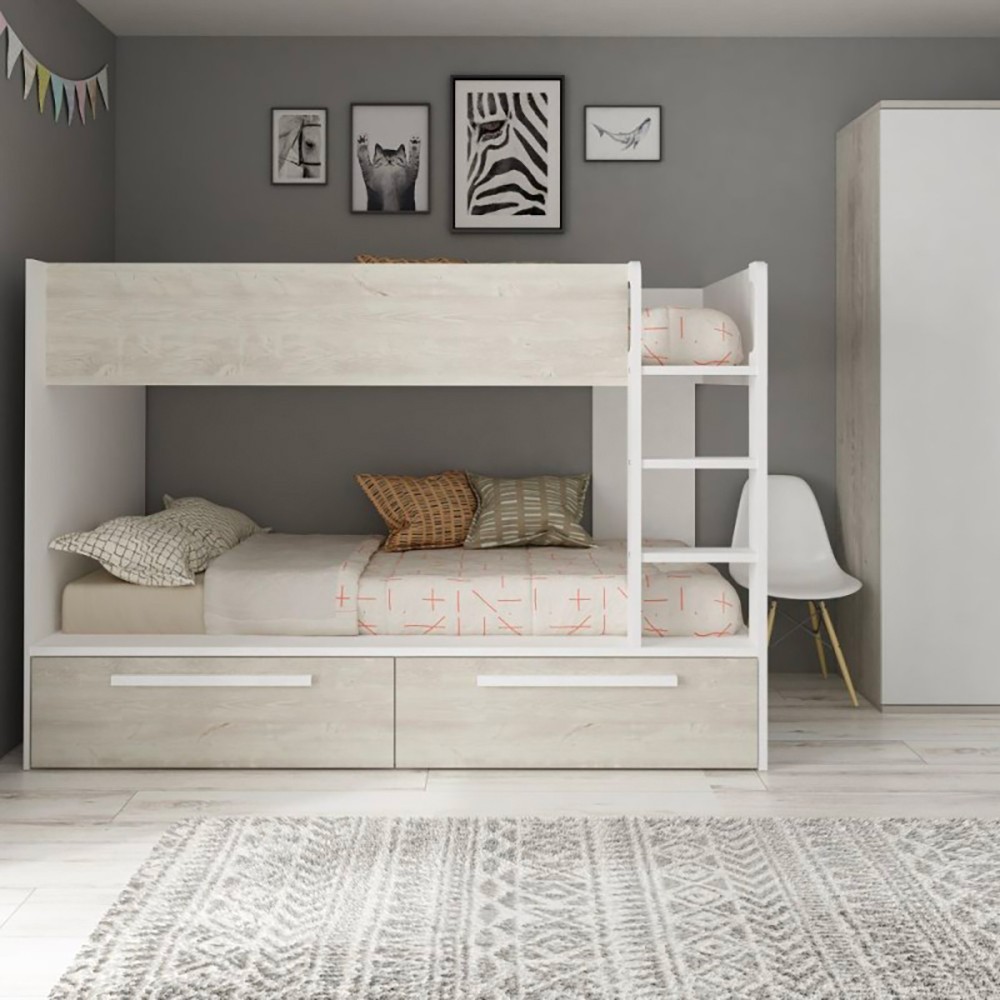 Letto a castello bianco consumato e bianco con cassettoni estraibili