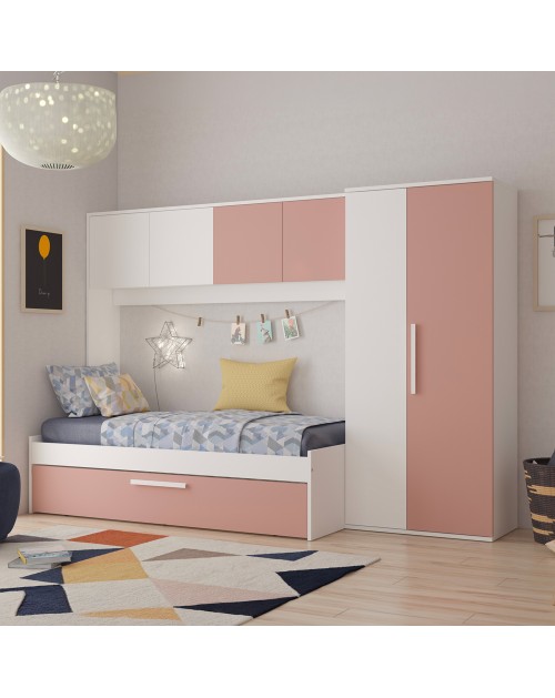 Cameretta a ponte con letto estraibile 6007 colore bianco e rosa antico reversibile