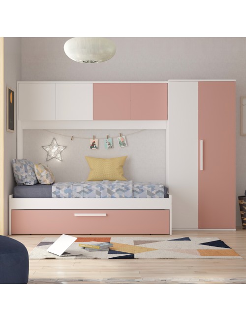 Cameretta a Ponte con Letto Estraibile 6007 Bianco e Rosa Antico