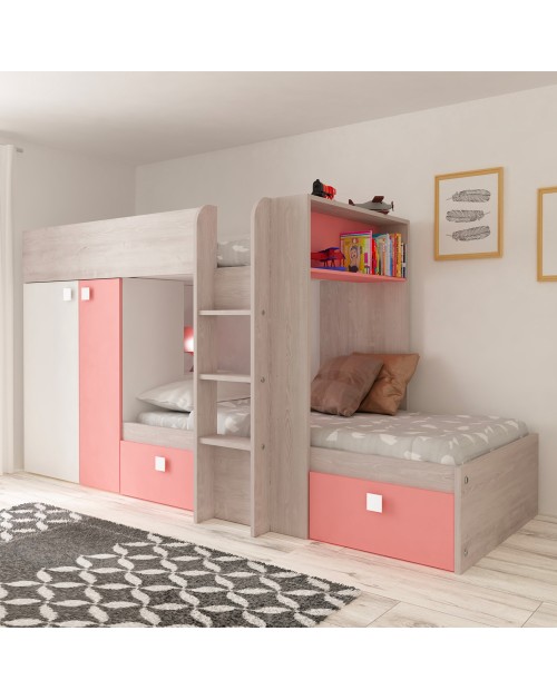 Letto a castello bianco consumato e rosa flamingo con armadio e cassetti 1267
