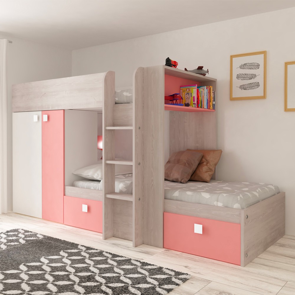Letto a castello bianco consumato e rosa flamingo con armadio e cassetti 1267