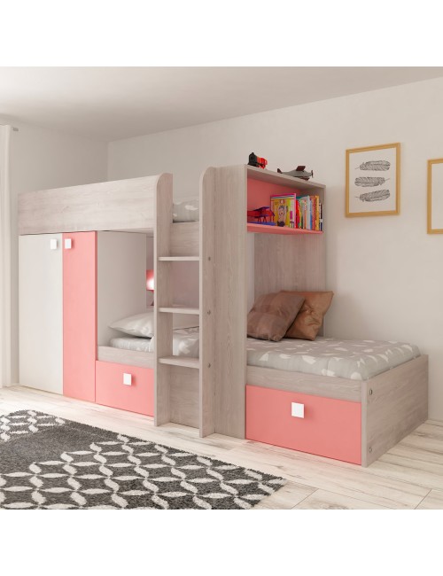 Letto a castello bianco consumato e rosa flamingo con armadio e cassetti 1267