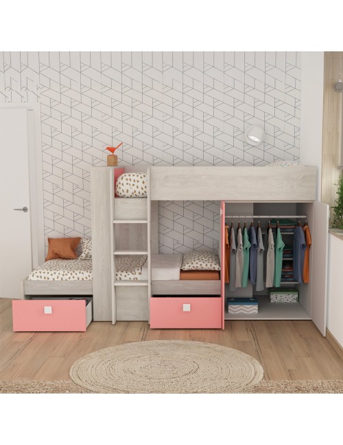 Letto a castello bianco consumato e rosa flamingo con armadio e cassetti 1267