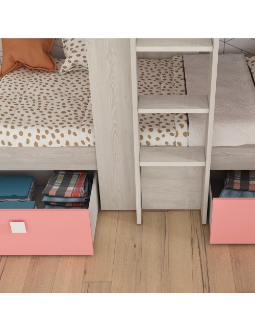 Letto a castello bianco consumato e rosa flamingo con armadio e cassetti 1267