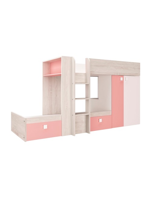 Letto a castello bianco consumato e rosa flamingo con armadio e cassetti 1267