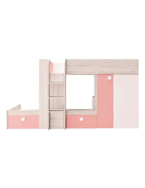 Letto a castello bianco consumato e rosa flamingo con armadio e cassetti 1267