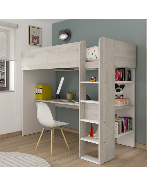 Letto a soppalco bianco consumato e bianco con scrivania 2278