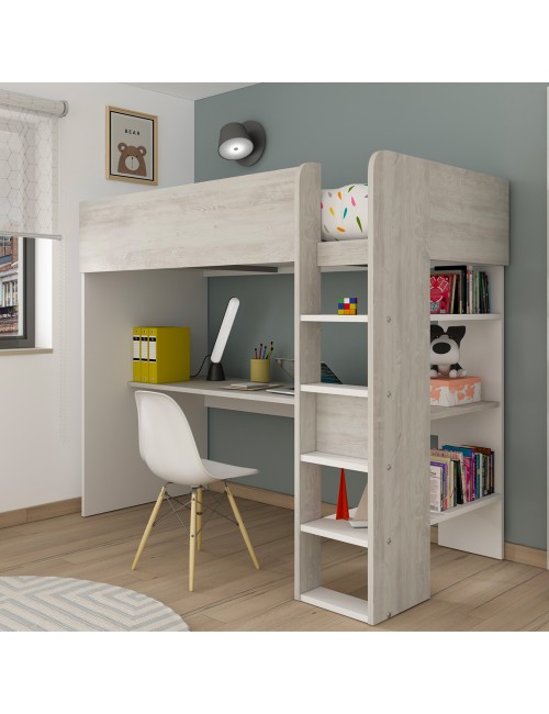 Letto a soppalco bianco consumato e bianco con scrivania 2278