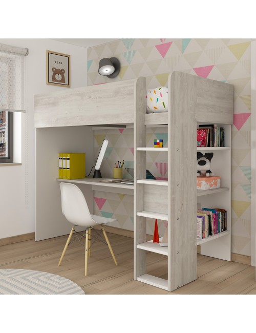 Letto a soppalco bianco consumato e bianco con scrivania 2278