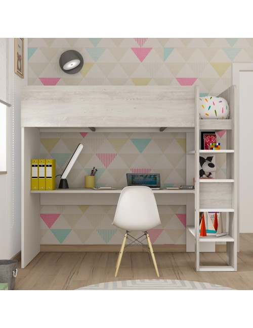 Letto a soppalco bianco consumato e bianco con scrivania 2278