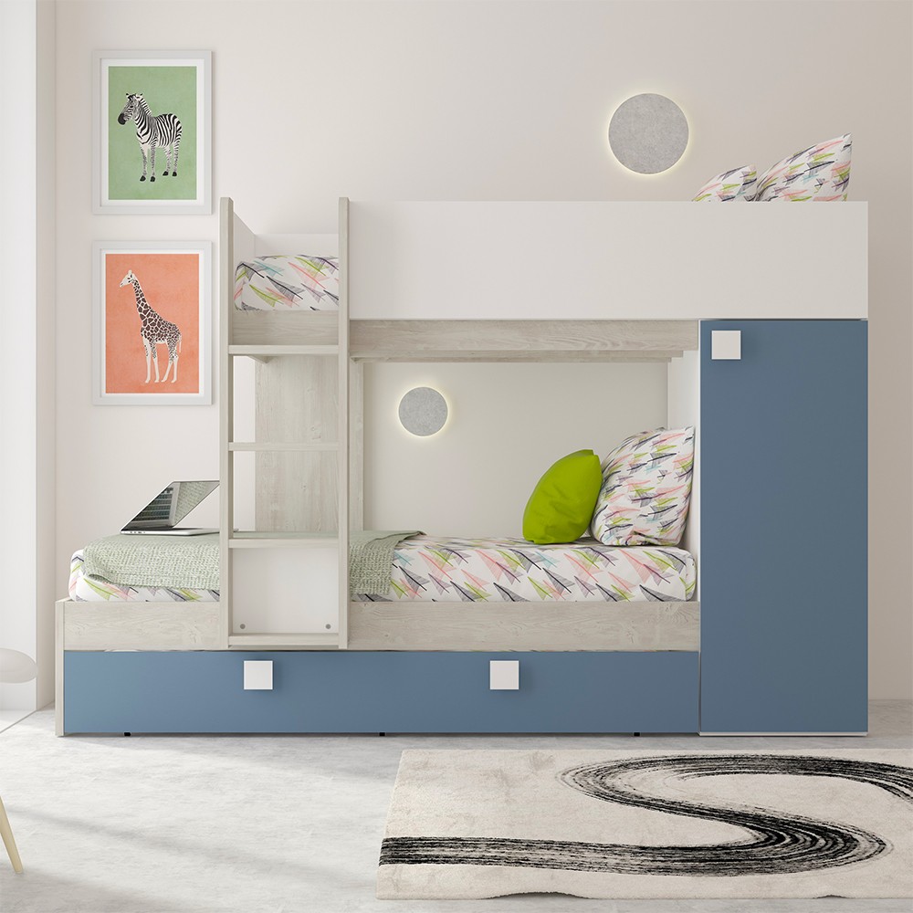 Letto a castello bianco consumato e azzurro con letto estraibile