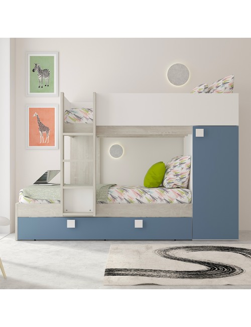 Letto a castello bianco consumato e azzurro con letto estraibile