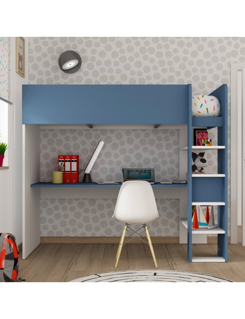 Letto a soppalco azzurro e bianco con scrivania 2276