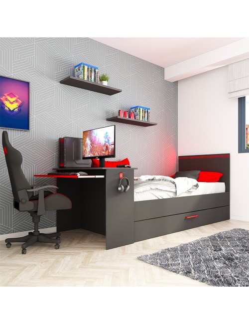 Cameretta con letto estraibile e scrivania antracite e rosso 5040