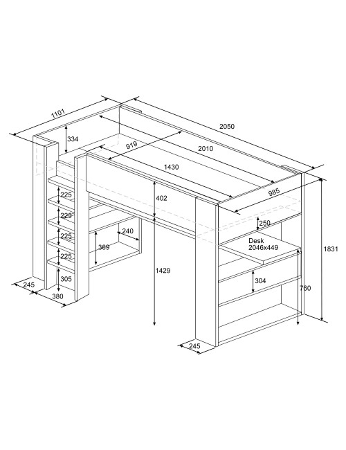 Letto a soppalco rovere e bianco con scrivania 1652