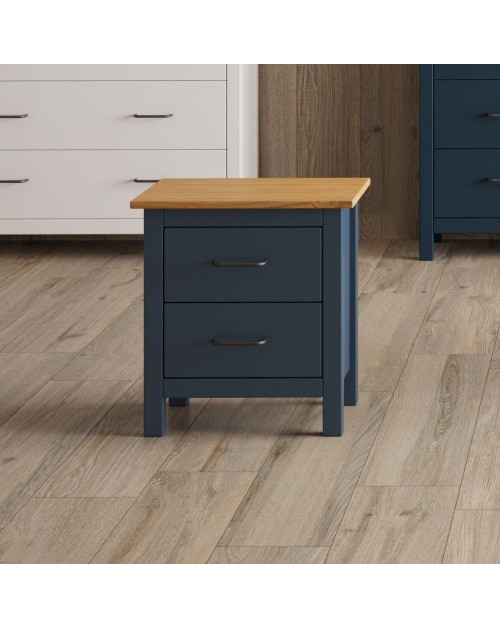 Comodino Miranda blu con top pino e 2 cassetti in legno massiccio