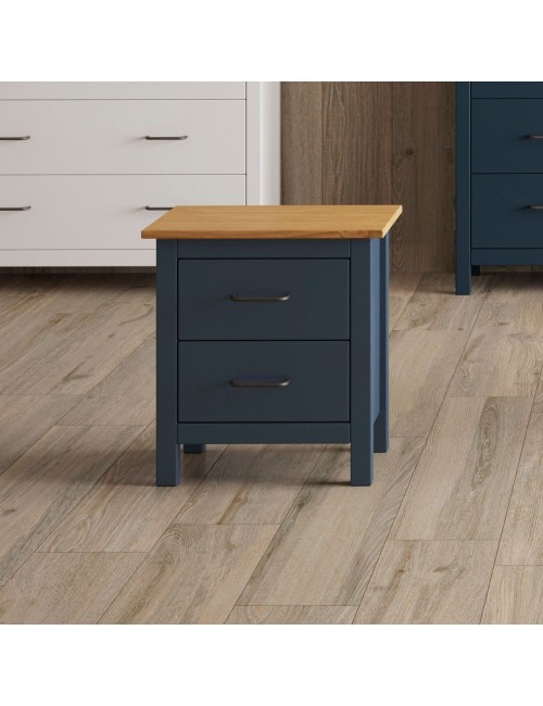 Comodino Miranda blu con top pino e 2 cassetti in legno massiccio