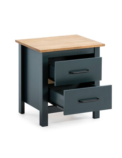 Comodino Miranda blu con top pino e 2 cassetti in legno massiccio