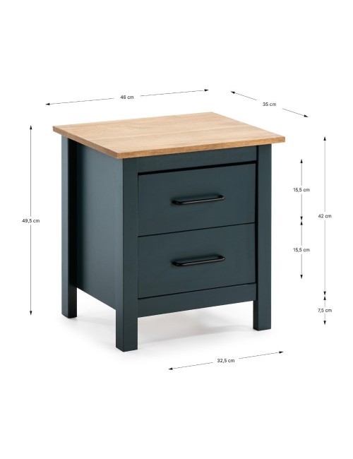 Comodino Miranda blu con top pino e 2 cassetti in legno massiccio