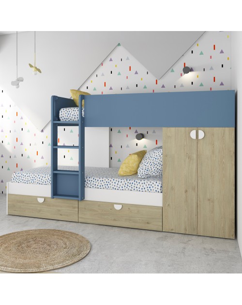 Letto a castello rovere e azzurro con armadio 2 ante e cassetti