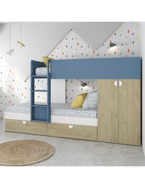Letto a castello rovere e azzurro con armadio 2 ante e cassetti