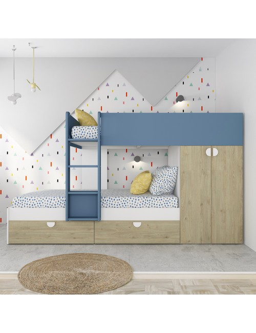 Letto a castello rovere e azzurro con armadio 2 ante e cassetti