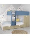 Letto a castello rovere e azzurro con armadio 2 ante e cassetti