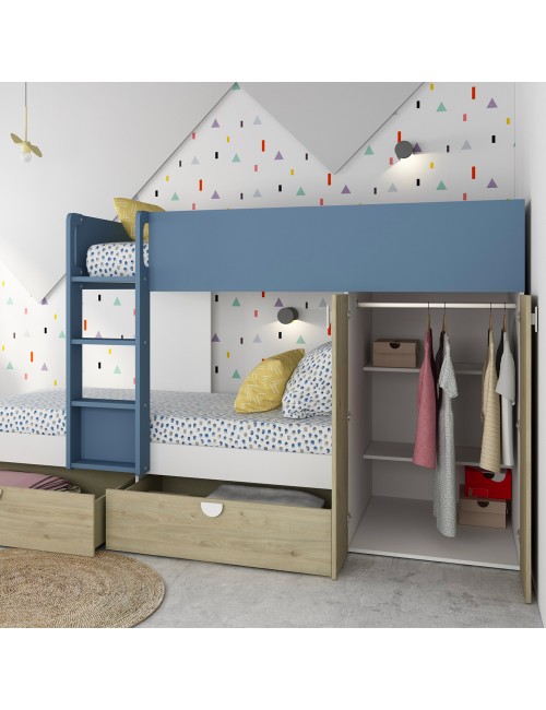 Letto a castello rovere e azzurro con armadio 2 ante e cassetti