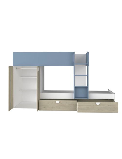 Letto a castello rovere e azzurro con armadio 2 ante e cassetti