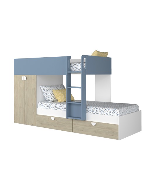Letto a castello rovere e azzurro con armadio 2 ante e cassetti