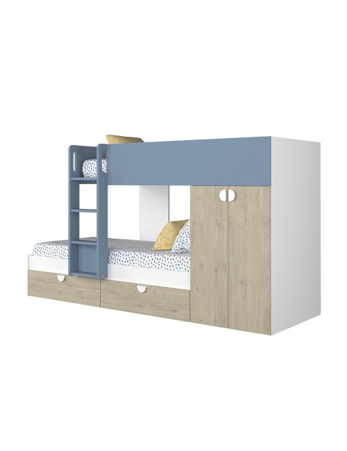 Letto a castello rovere e azzurro con armadio 2 ante e cassetti