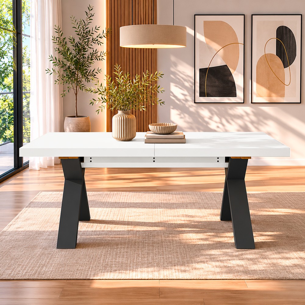 Tavolo Allungabile Milonga410 160 cm con Piano Bianco Spatolato e Gambe Incrociate Antracite