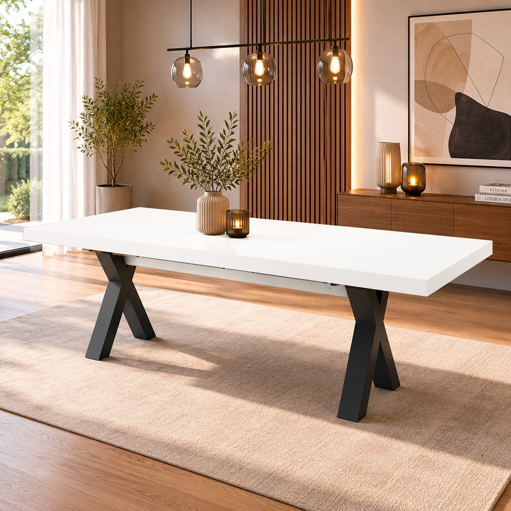 Tavolo Allungabile Milonga480 180 cm con Piano Bianco Spatolato e Gambe Incrociate Antracite