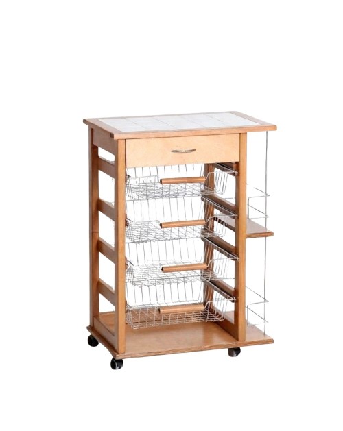 Carrello da cucina 4 cestini estraibili con ripiani porta bottiglie ed un cassetto Vesuvio colore rovere