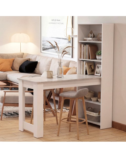 Tavolo penisola Mojo02 con Libreria Integrata Bianca e Piano Effetto Cemento
