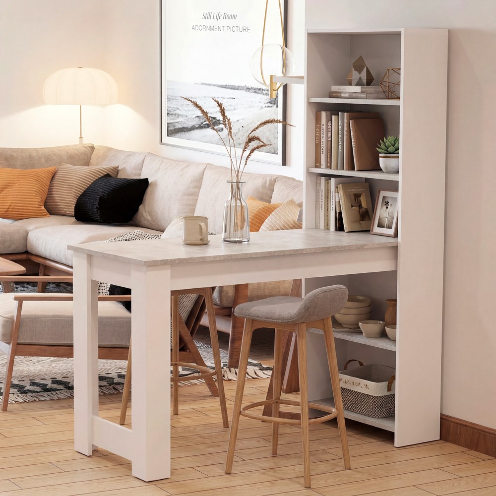 Tavolo penisola Mojo02 con Libreria Integrata Bianca e Piano Effetto Cemento